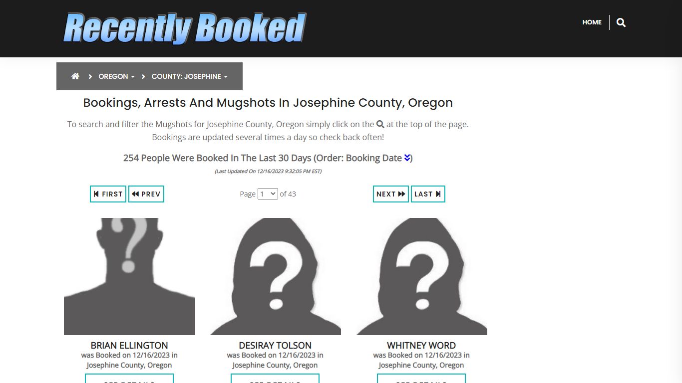 Bookings, Arrests and Mugshots in Josephine County, Oregon